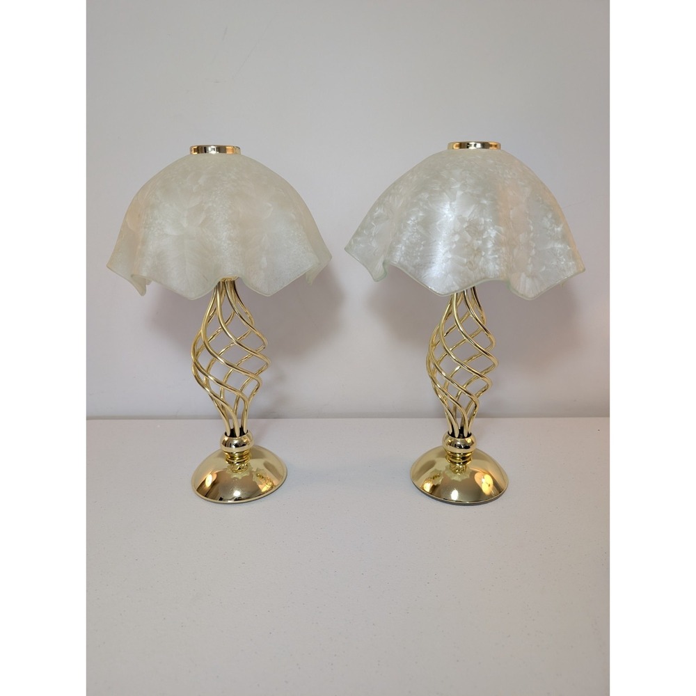 Vintage PartyLite Paragon Tealight Candle Lamps Pair Gold Pearl Shades - Picture 1 of 9